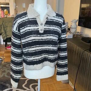 Maeve fuzzy cropped black and cream sweater with crystal buttons